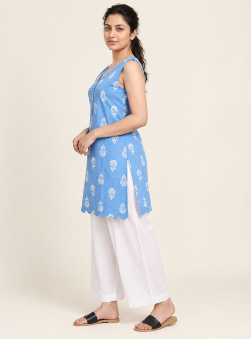 Cloud Petal Fresh Sky Blue Printed Cotton Short Kurta Co-Ord Set