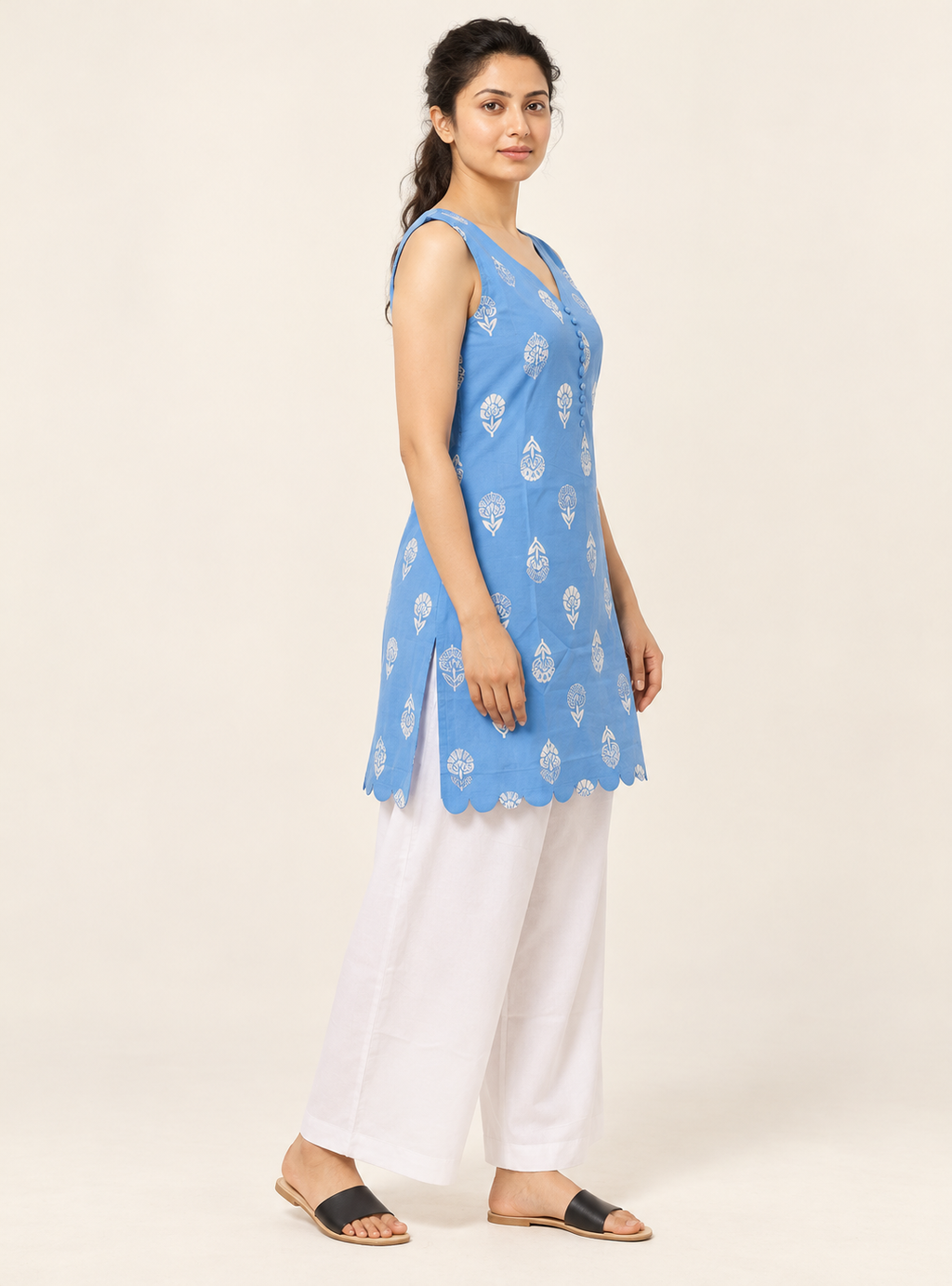 Cloud Petal Fresh Sky Blue Printed Cotton Short Kurta Co-Ord Set