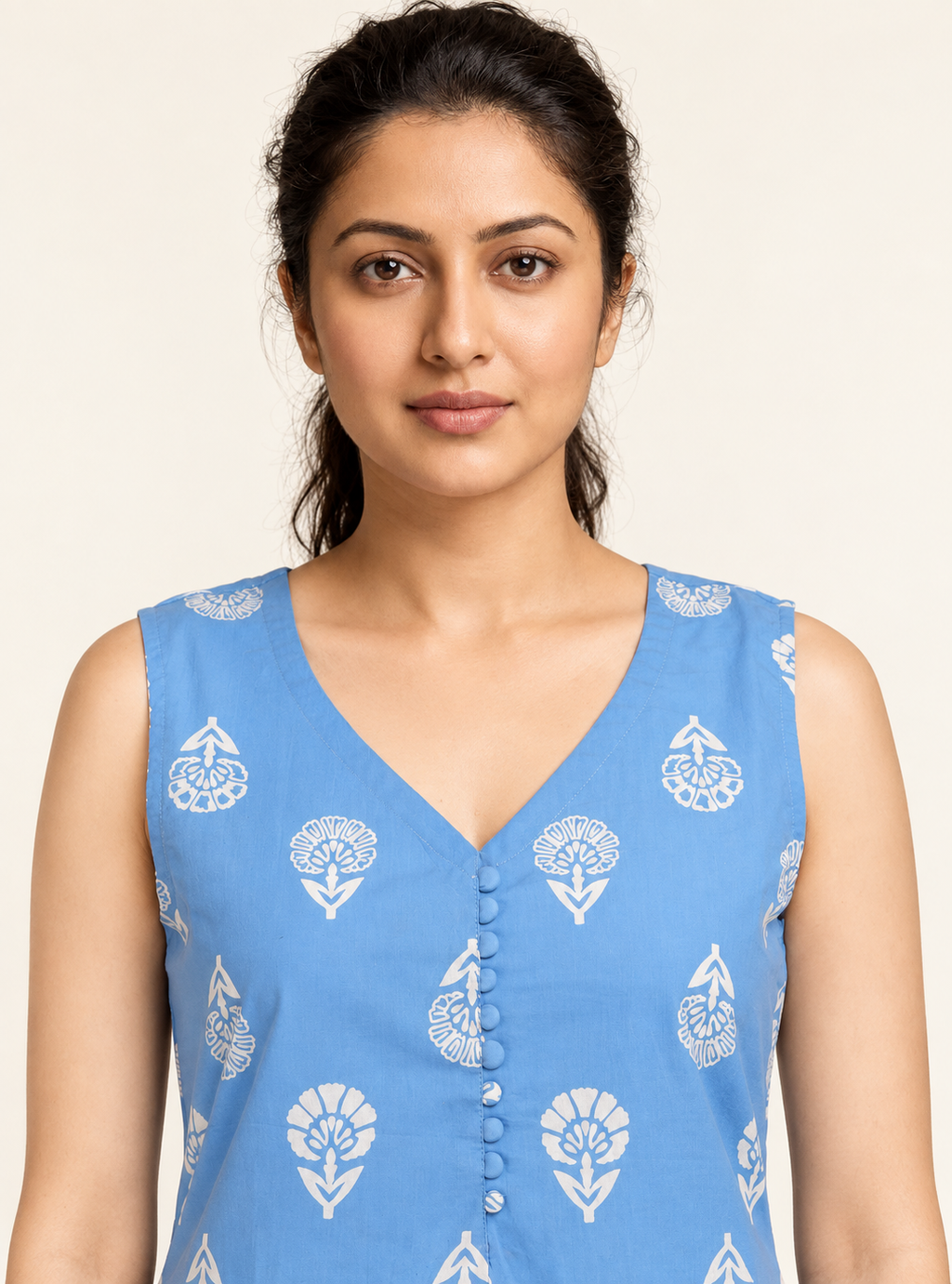 Cloud Petal Fresh Sky Blue Printed Cotton Short Kurta Co-Ord Set