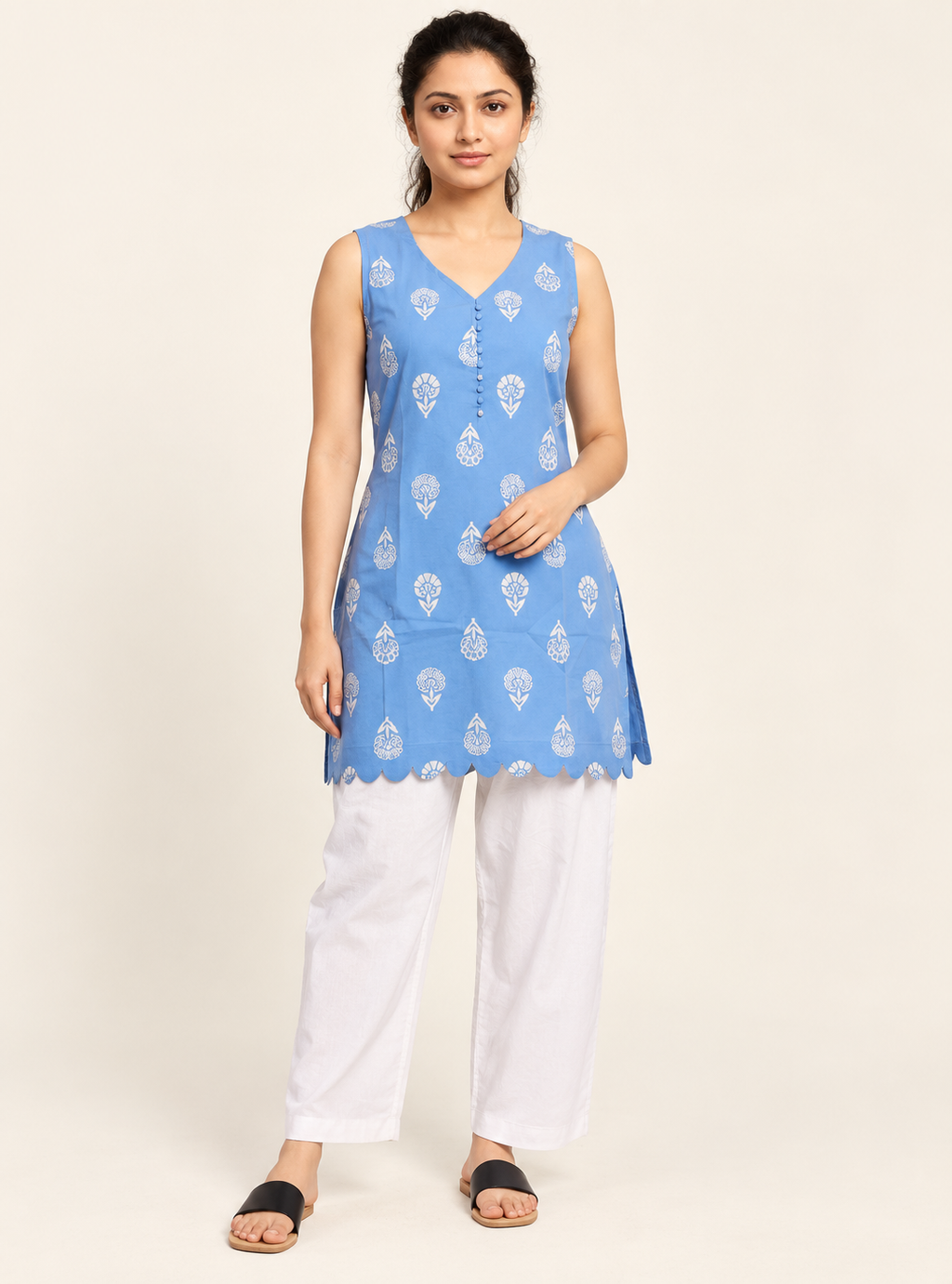 Cloud Petal Fresh Sky Blue Printed Cotton Short Kurta Co-Ord Set