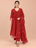 Crimson Lace Red Pure Mul Cotton Anarkali Suit Set with Dupatta