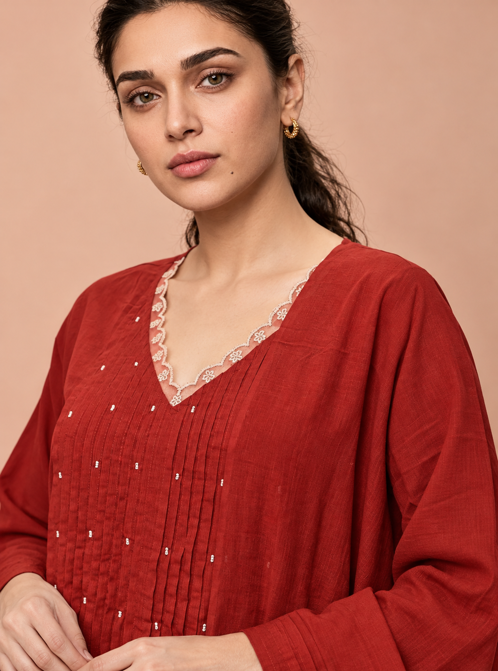 Crimson Lace Red Pure Mul Cotton Anarkali Suit Set with Dupatta
