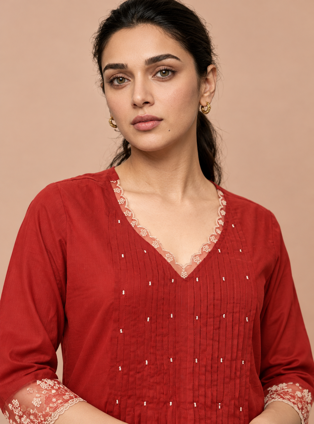 Crimson Lace Red Pure Mul Cotton Anarkali Suit Set with Dupatta