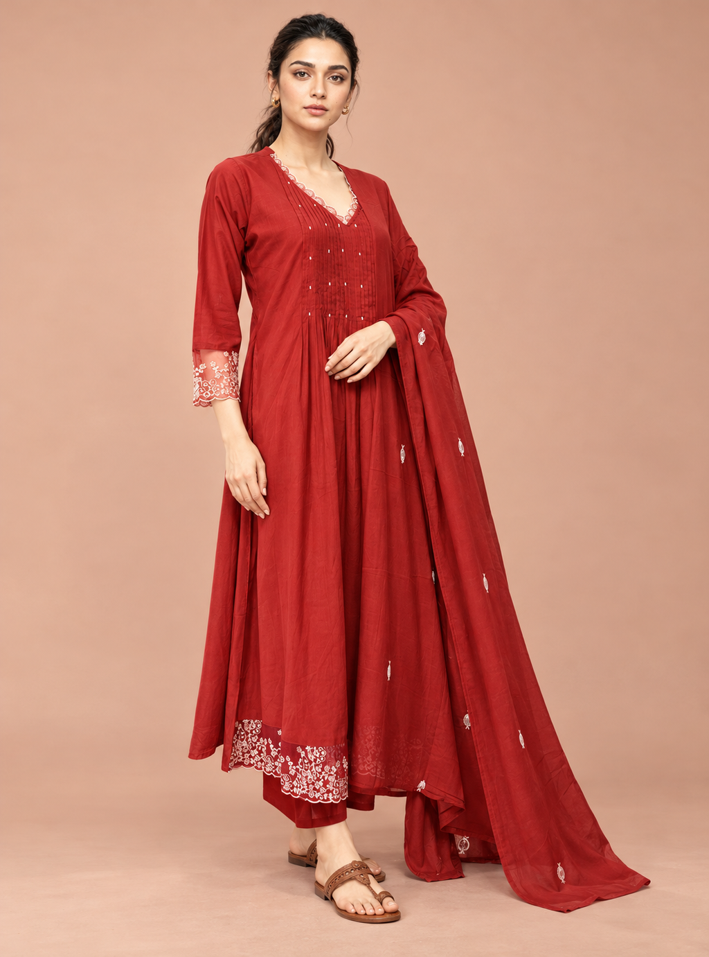 Crimson Lace Red Pure Mul Cotton Anarkali Suit Set with Dupatta