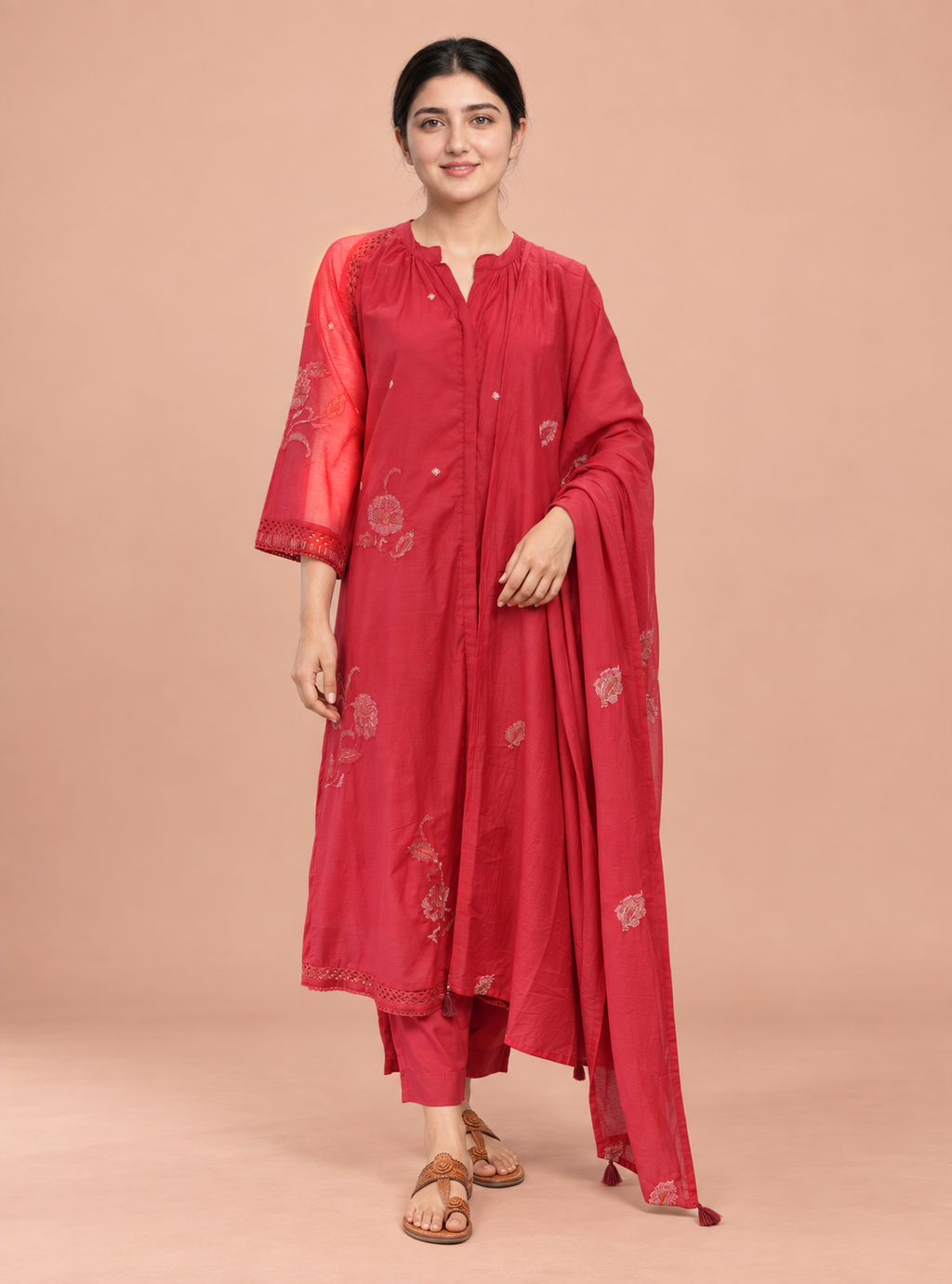 Crimson Rose Red Cotton Silk Kota Doriya Straight Suit Set with Dupatt – Indieshades