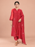 Crimson Rose Red Cotton Silk Kota Doriya Straight Suit Set with Dupatt – Indieshades