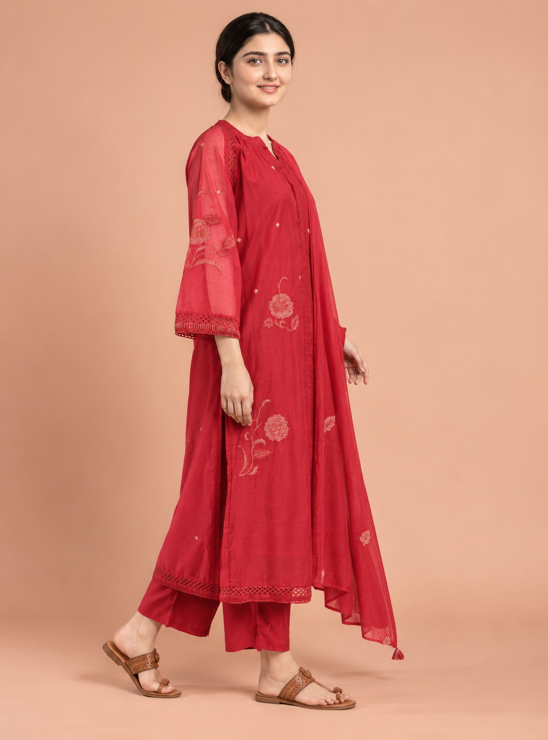 Crimson Rose Red Cotton Silk Kota Doriya Straight Suit Set with Dupatt – Indieshades