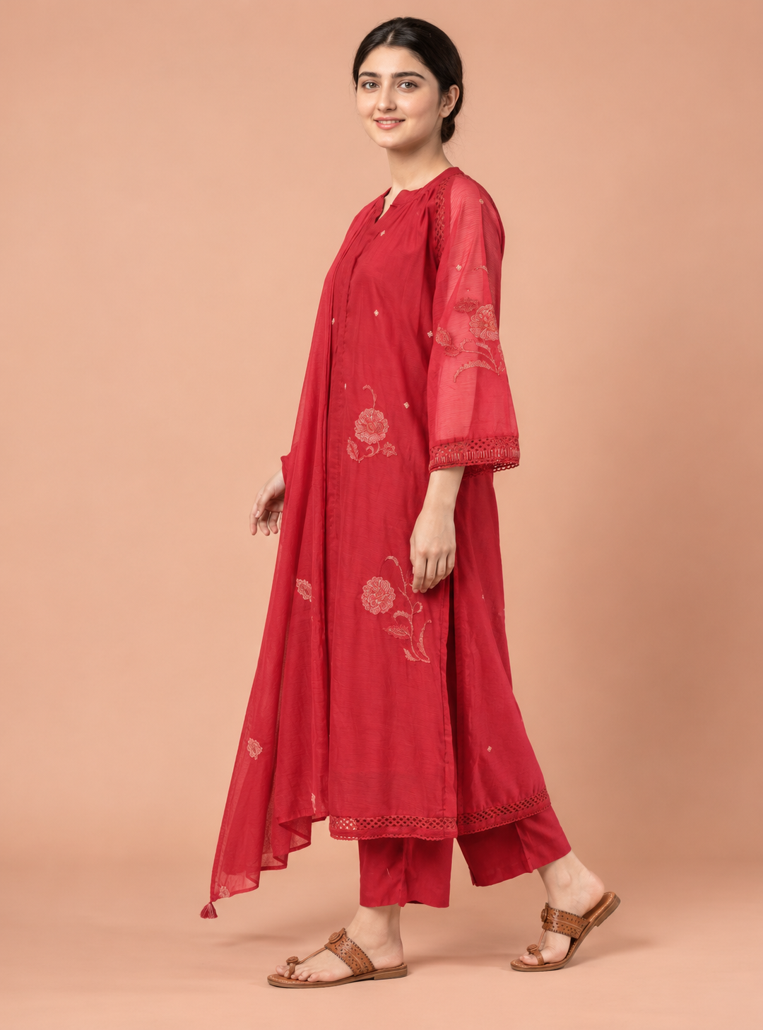 Crimson Rose Red Cotton Silk Kota Doriya Straight Suit Set with Dupatt – Indieshades