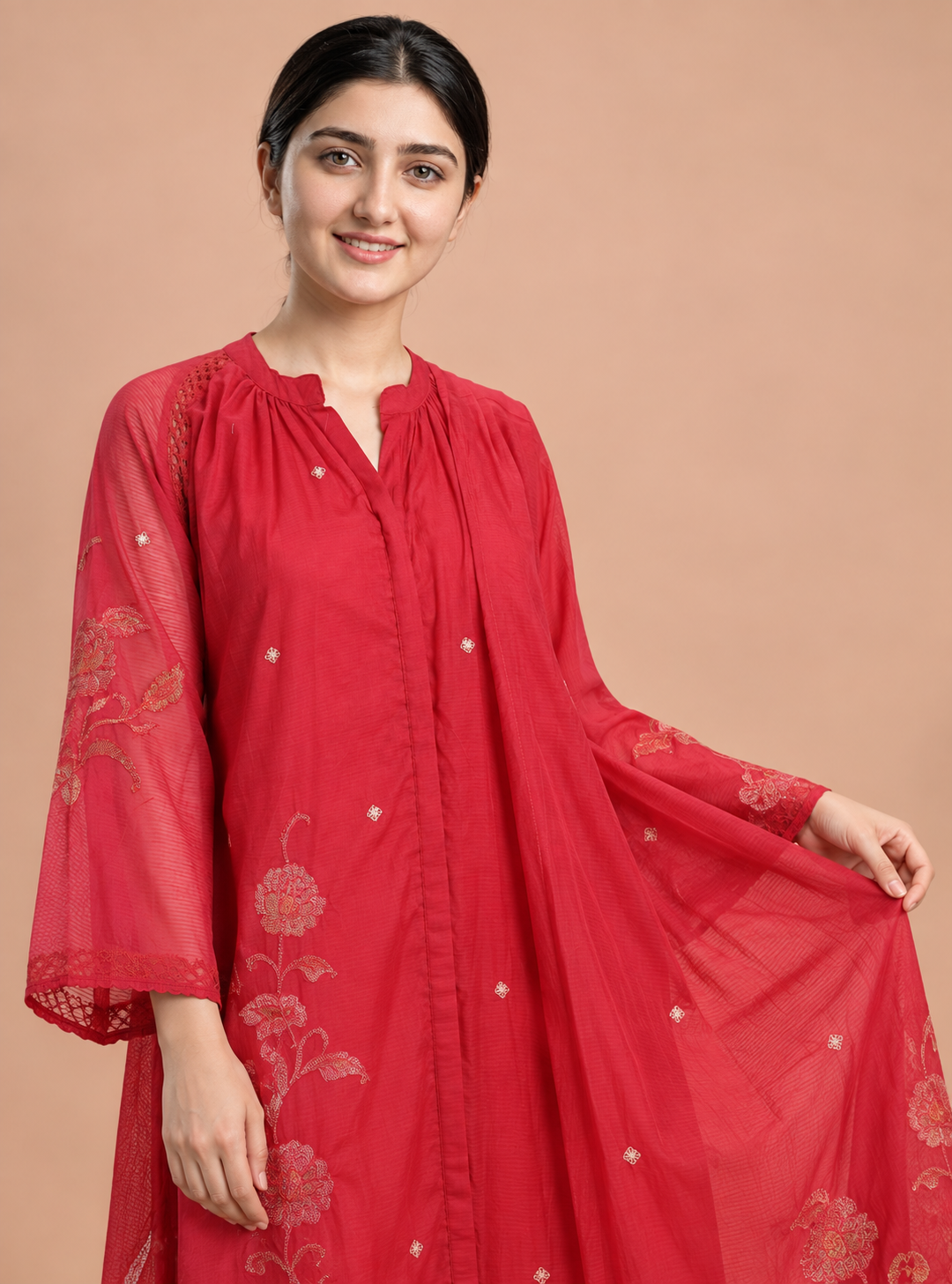 Crimson Rose Red Cotton Silk Kota Doriya Straight Suit Set with Dupatt – Indieshades