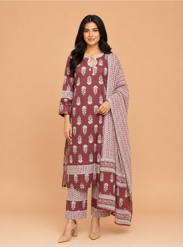 Dusty Blossom Cotton Printed Straight Suit Set with Dupatta