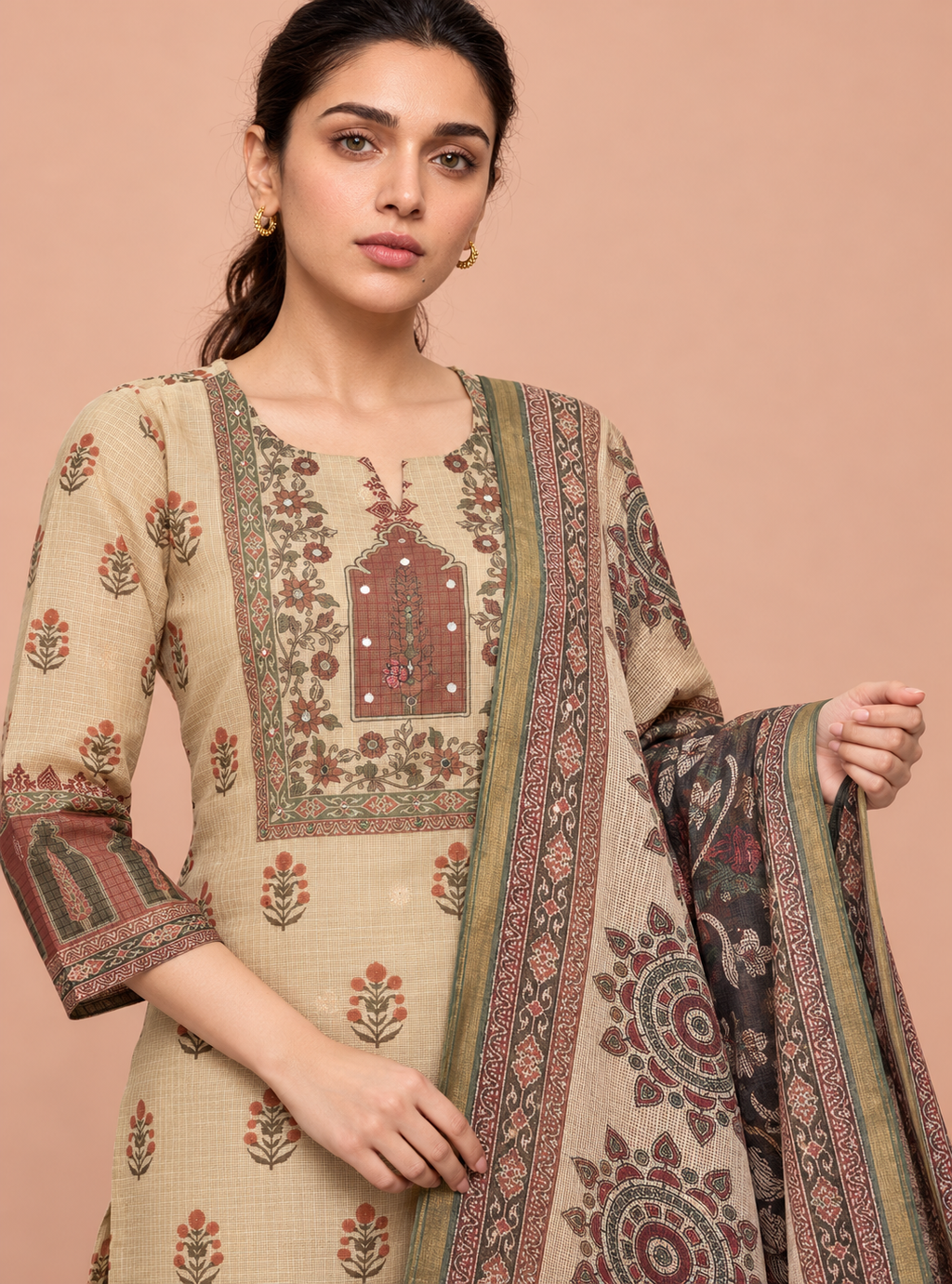 Desert Loom Beige Kota Doriya Chanderi Handworked Suit Set with Dupatta