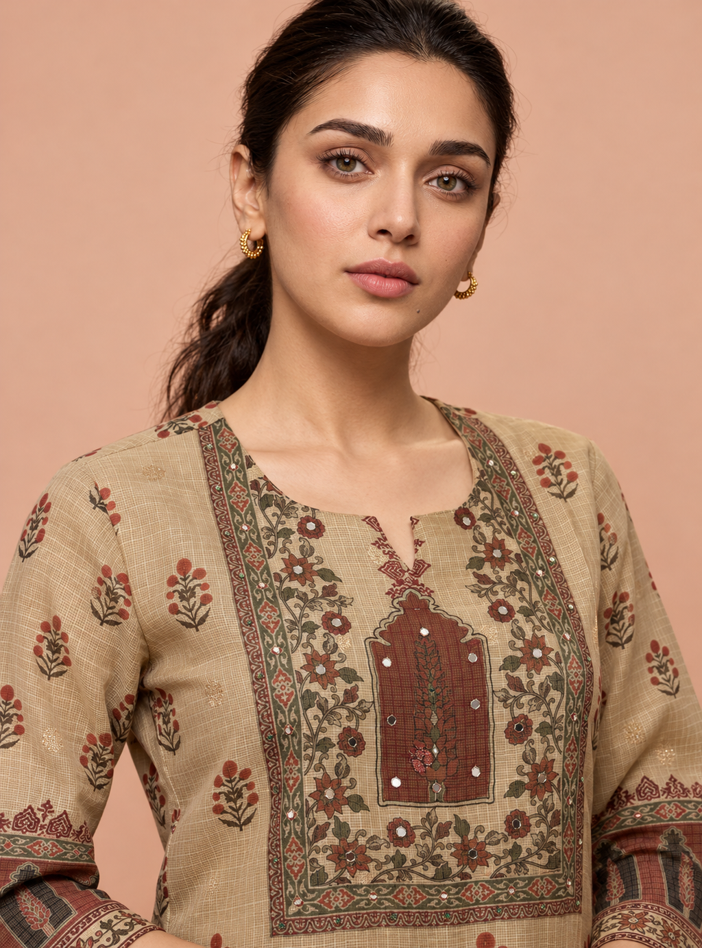 Desert Loom Beige Kota Doriya Chanderi Handworked Suit Set with Dupatta