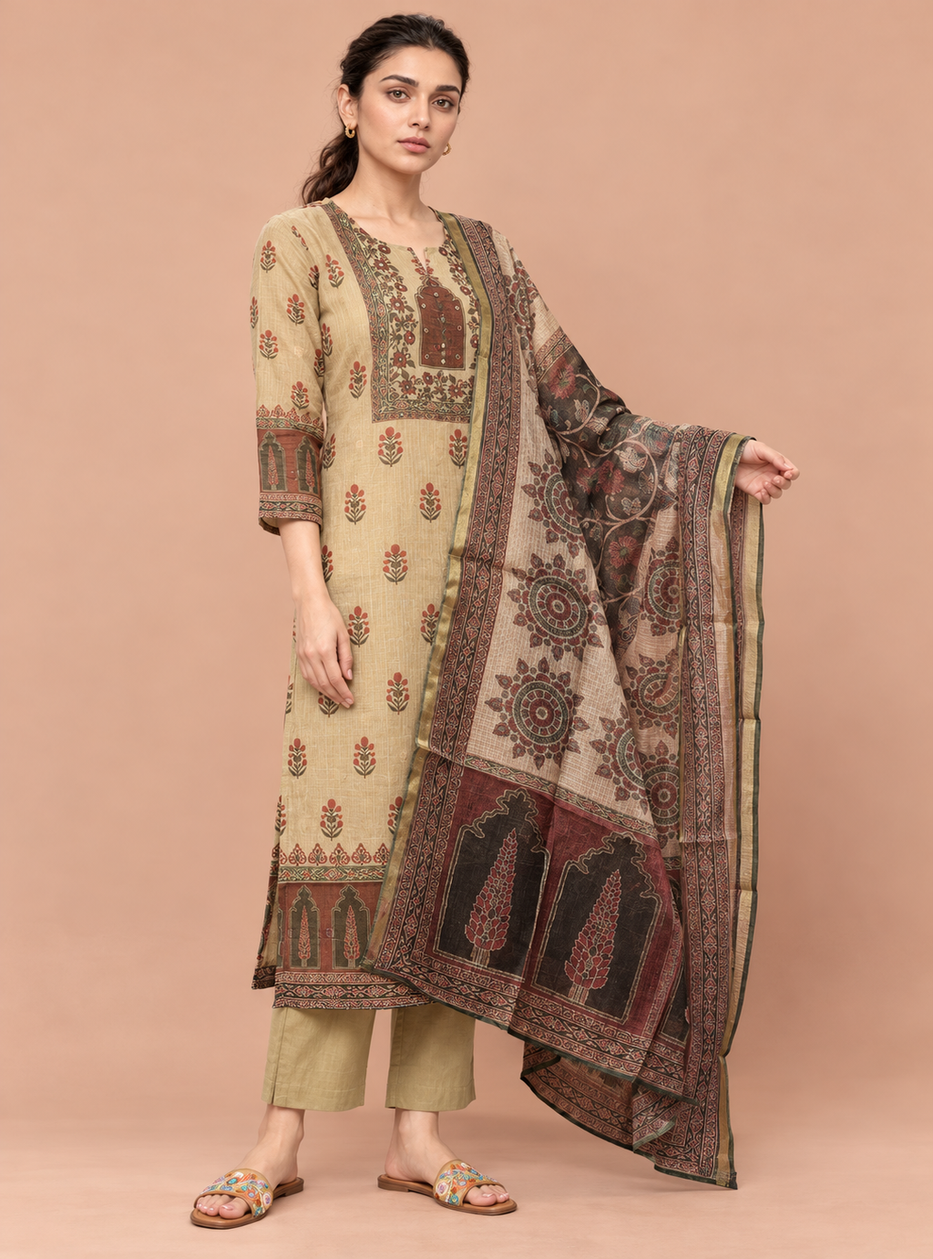 Desert Loom Beige Kota Doriya Chanderi Handworked Suit Set with Dupatta