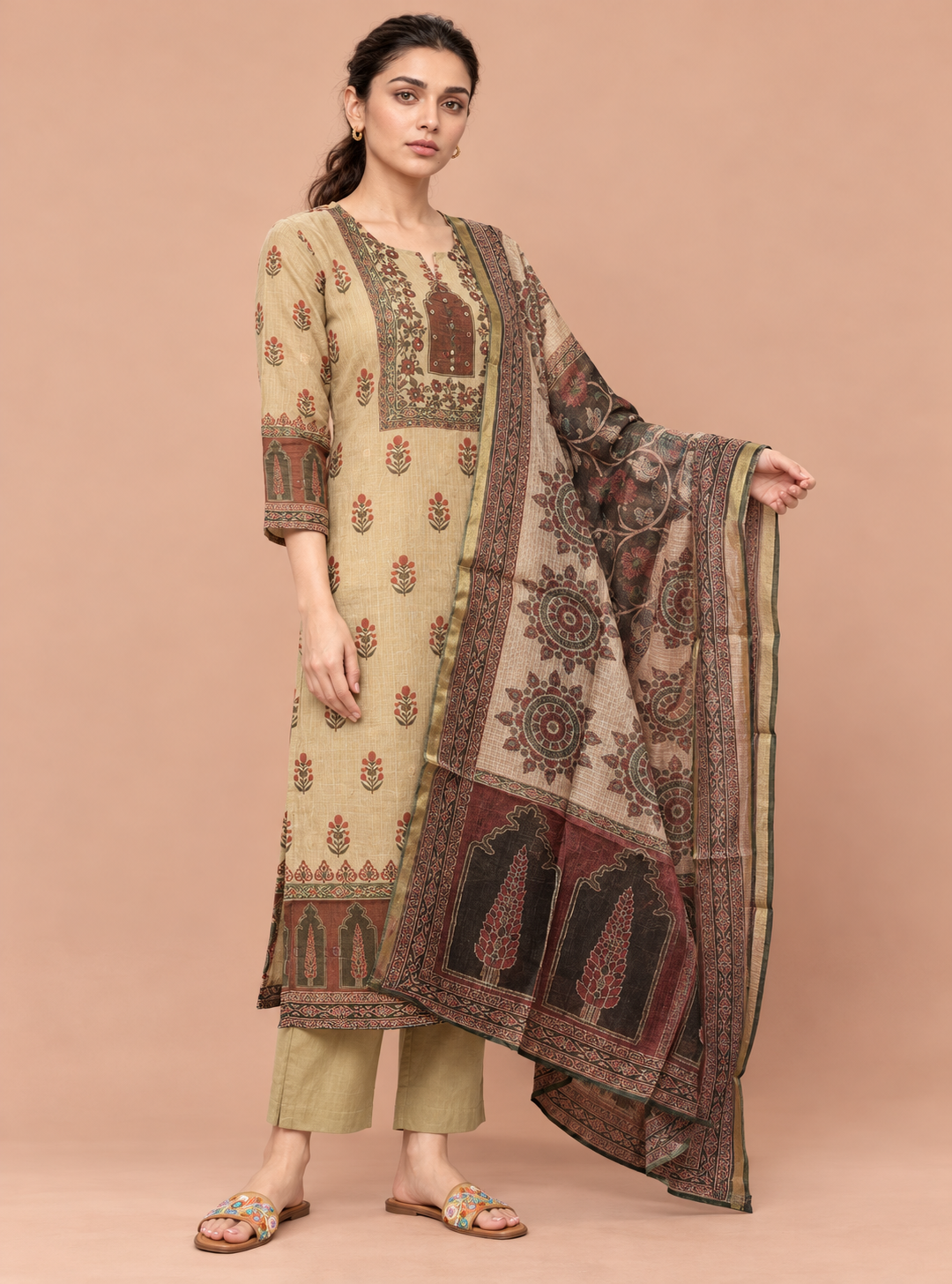Desert Loom Beige Kota Doriya Chanderi Handworked Suit Set with Dupatta