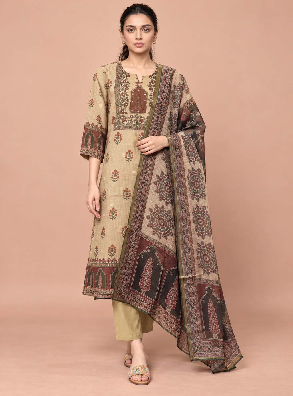 Desert Loom Beige Kota Doriya Chanderi Handworked Suit Set with Dupatta