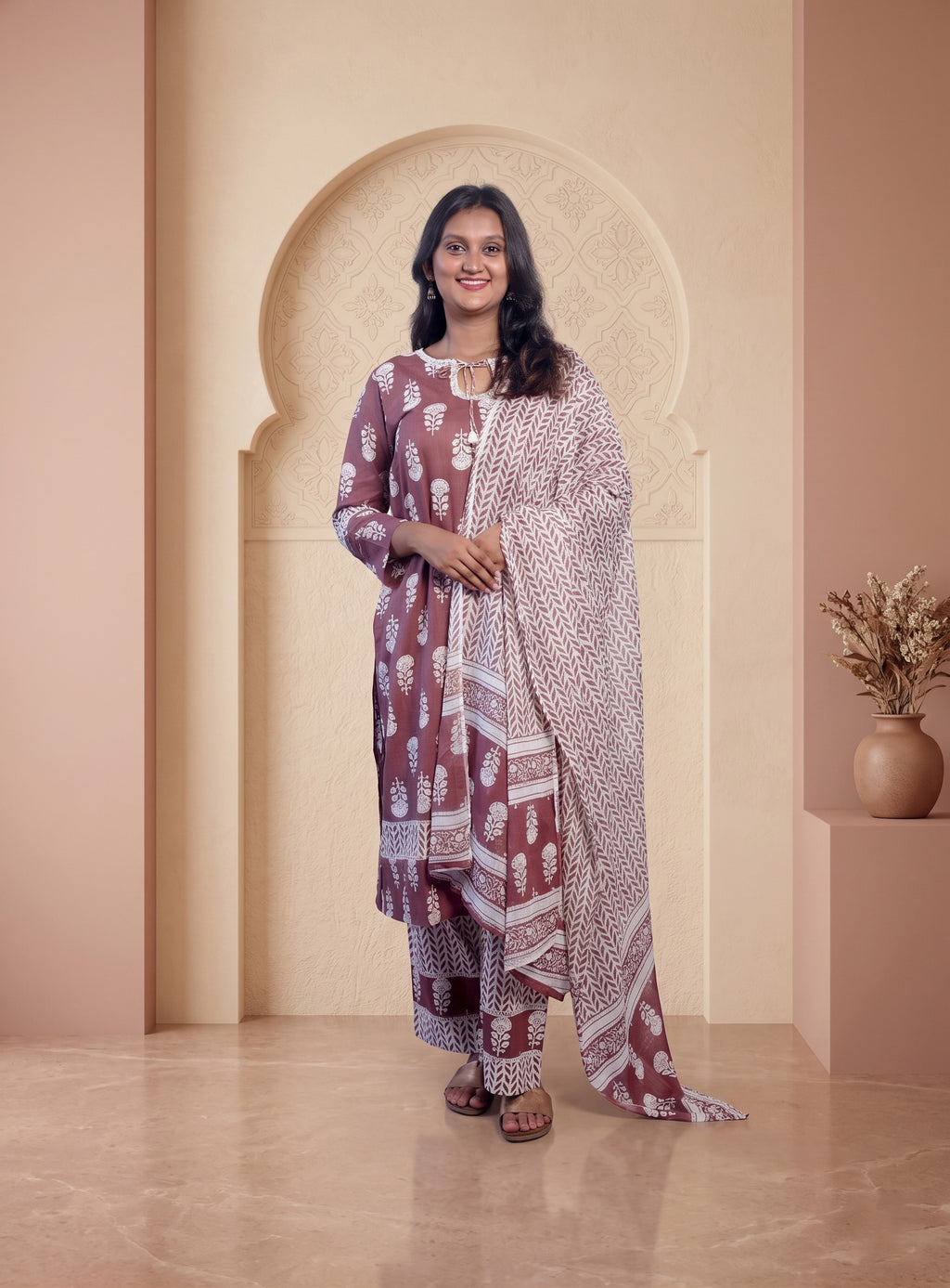 Dusty pink cotton printed straight full set with dupatta
