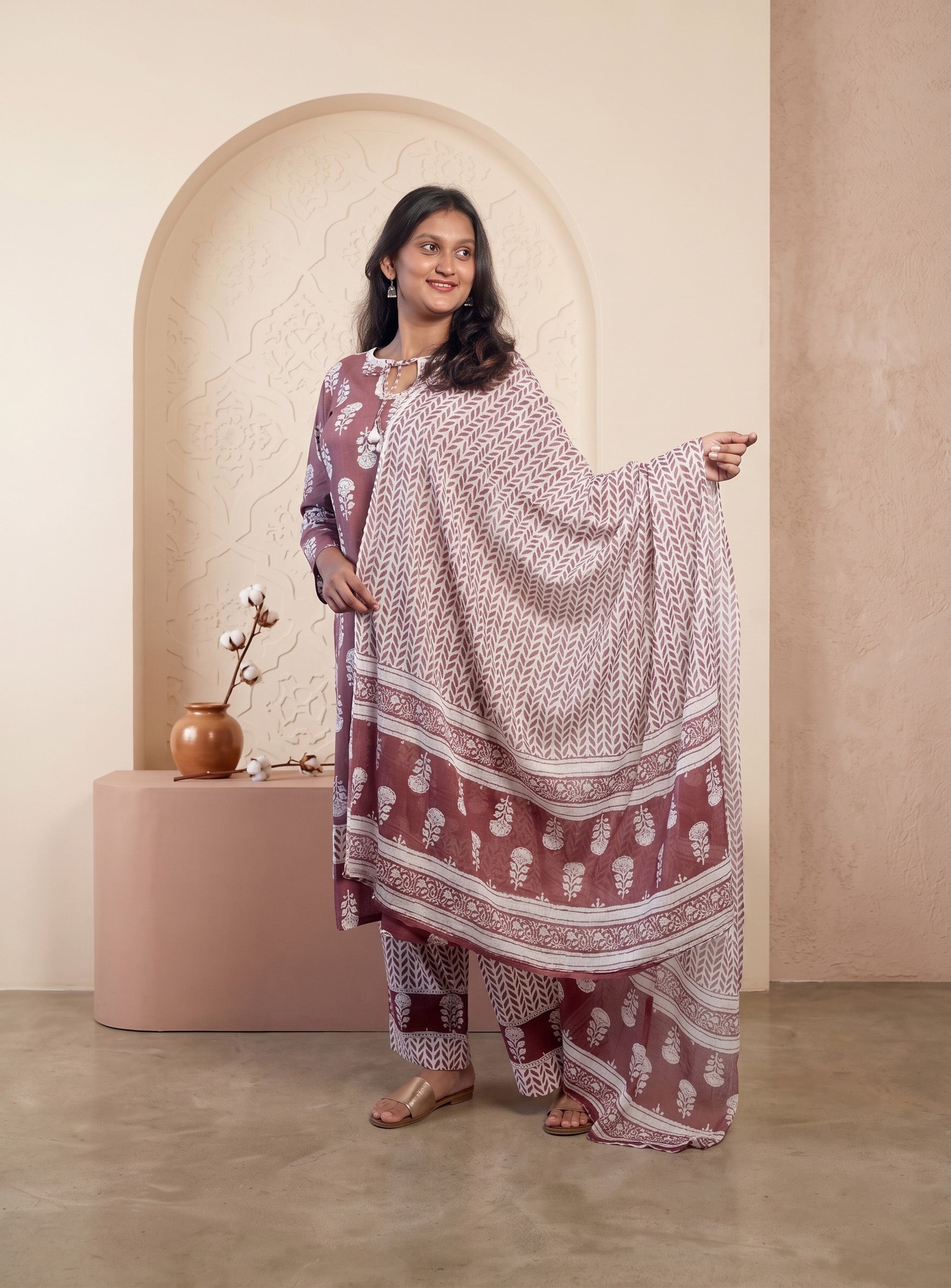 Dusty pink cotton printed straight full set with dupatta