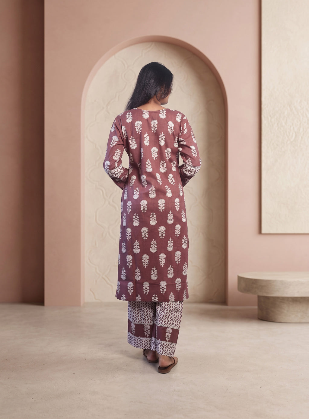 Dusty pink cotton printed straight full set with dupatta