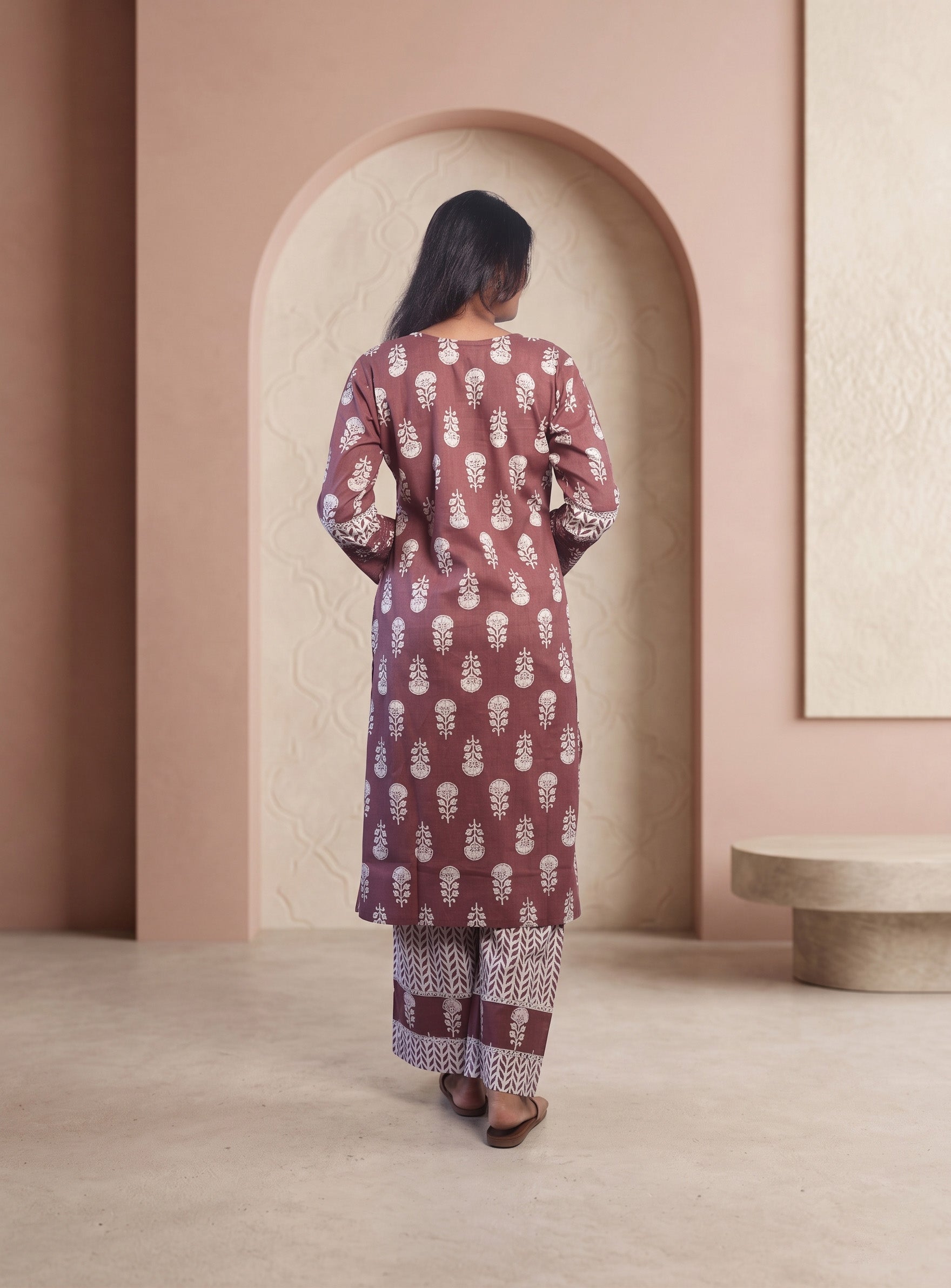 Dusty pink cotton printed straight full set with dupatta