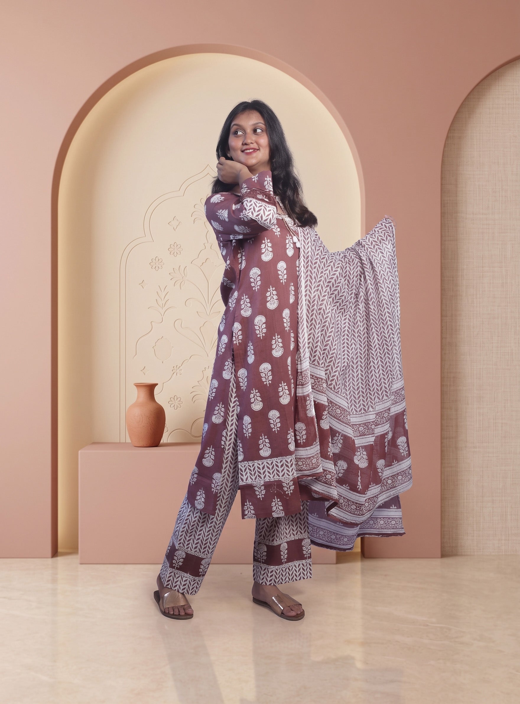 Dusty pink cotton printed straight full set with dupatta