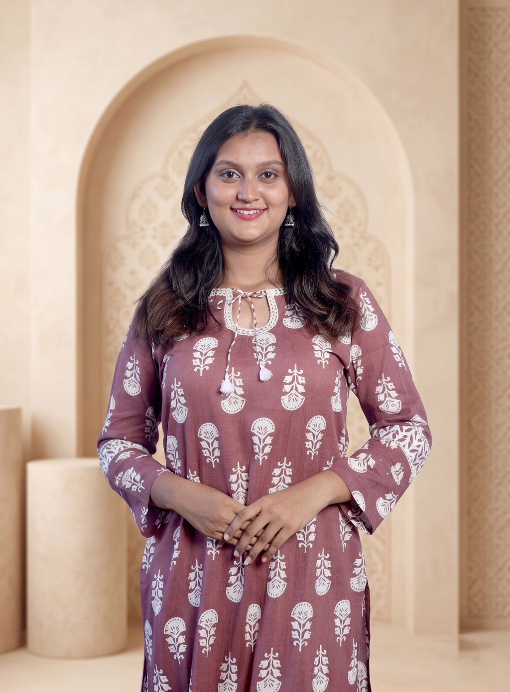Dusty pink cotton printed straight full set with dupatta