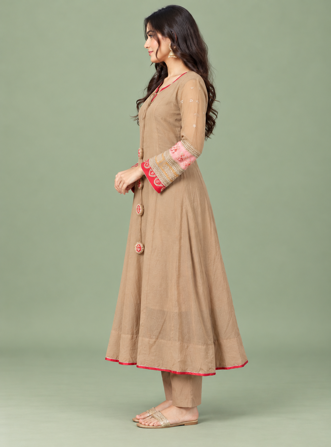 Champagne Petal Beige Banarasi Mul Chanderi Gota Kaddana Full Kali Anarkali Suit Set