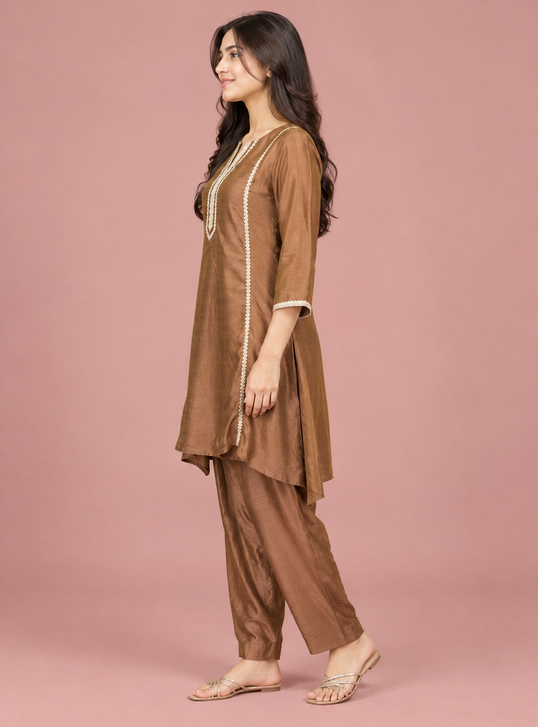 Rust Ember Rust Choga Style Anarkali Suit Set with Gota Lace and Plazo