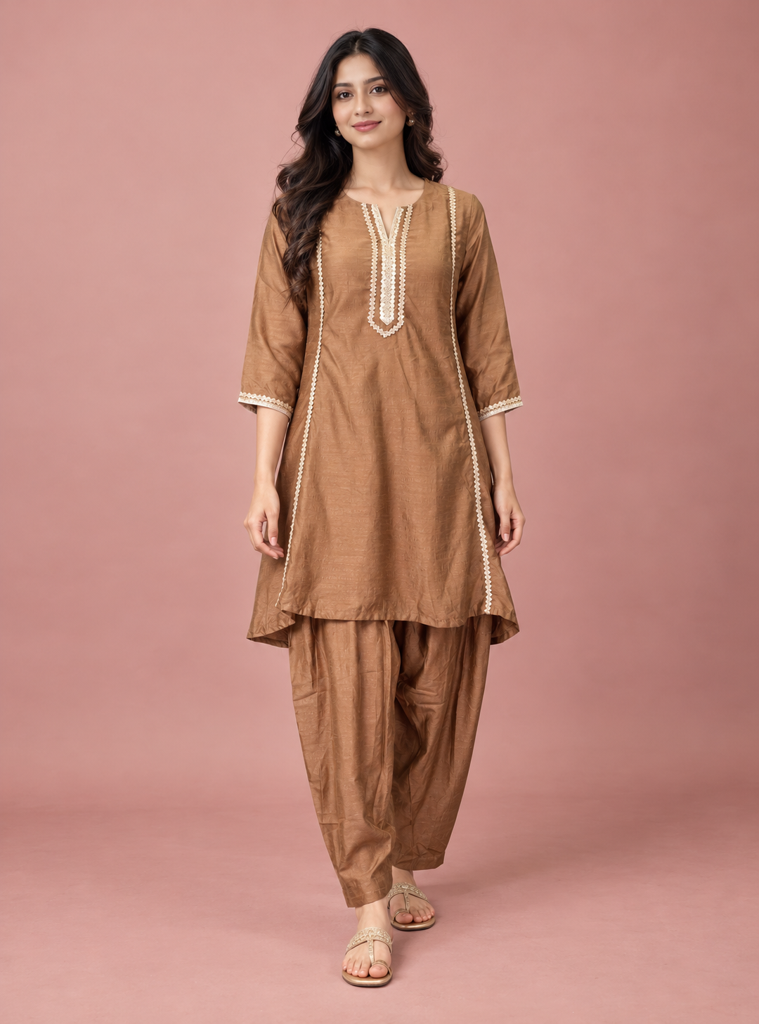 Rust Ember Rust Choga Style Anarkali Suit Set with Gota Lace and Plazo