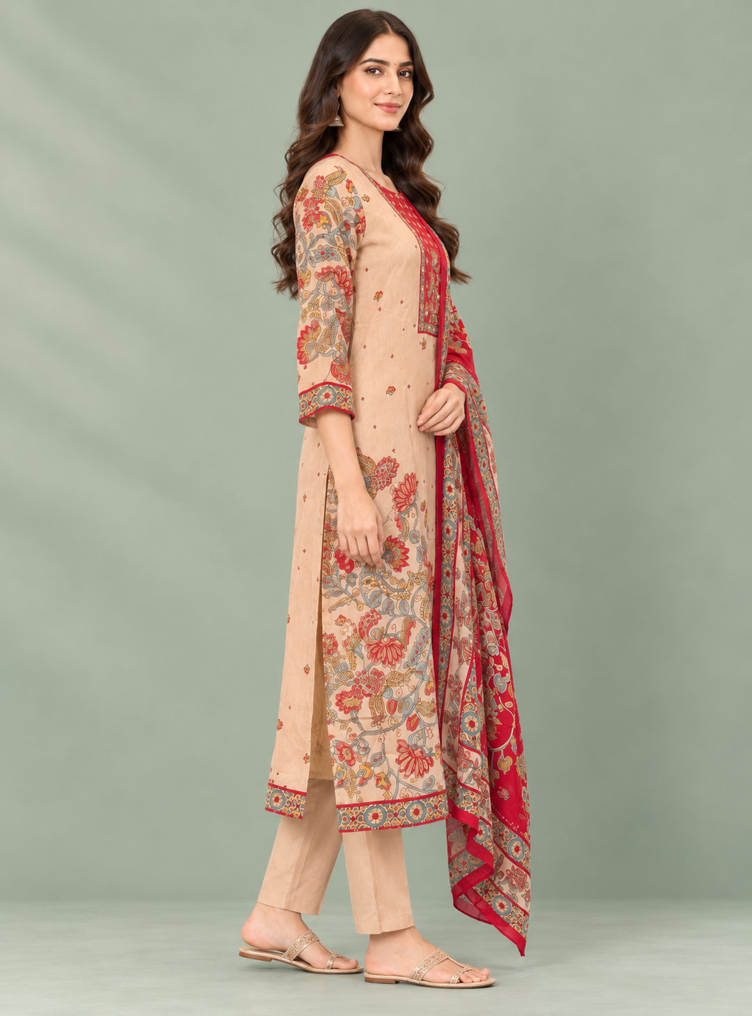 Blush Kalamkari Beige Pink Modal Kalamkari Print Suit Set with Dupatta