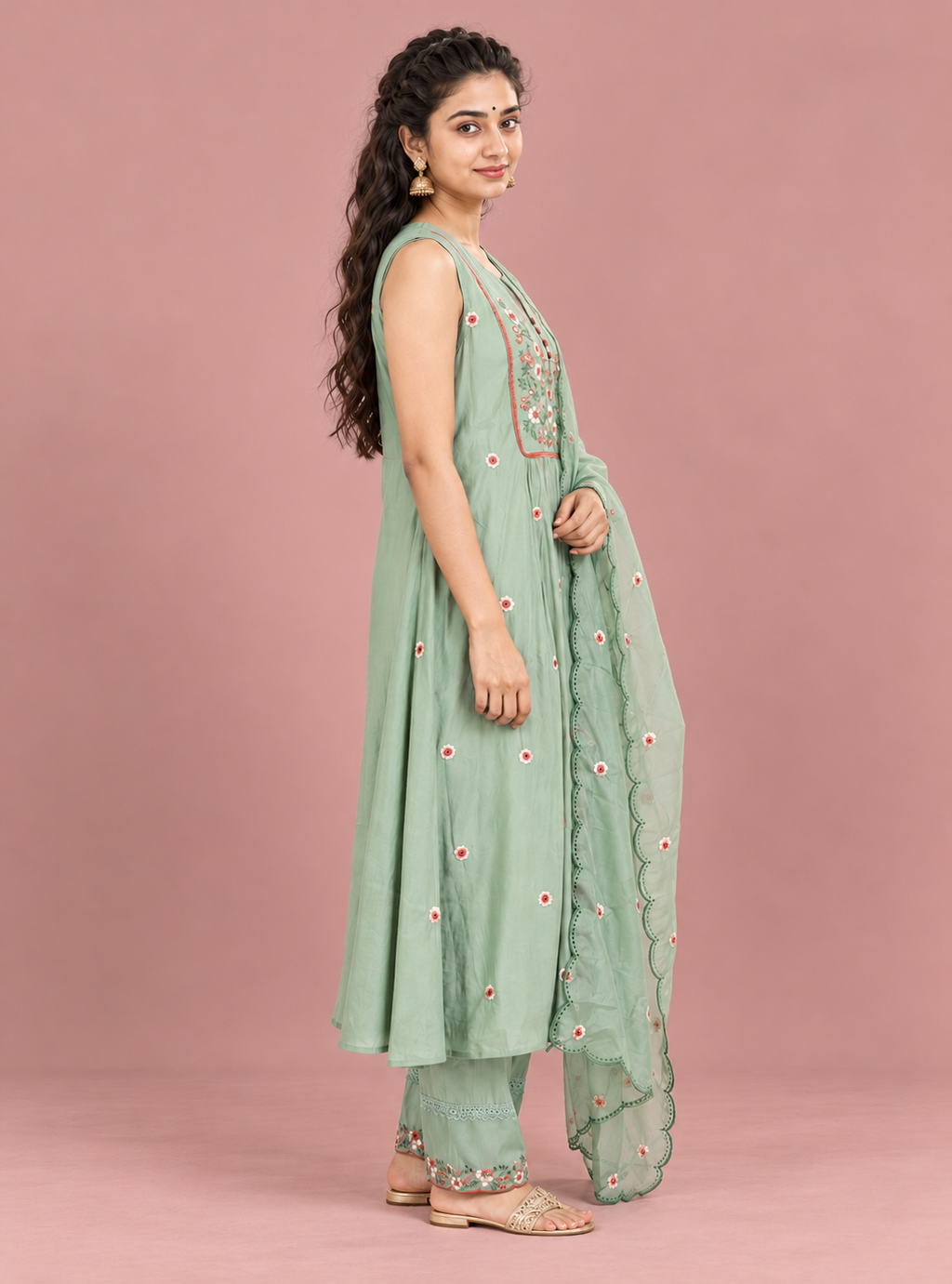 Pistachio Filigree Pista Mul Chanderi Thread Embroidery Suit Set with Dupatta