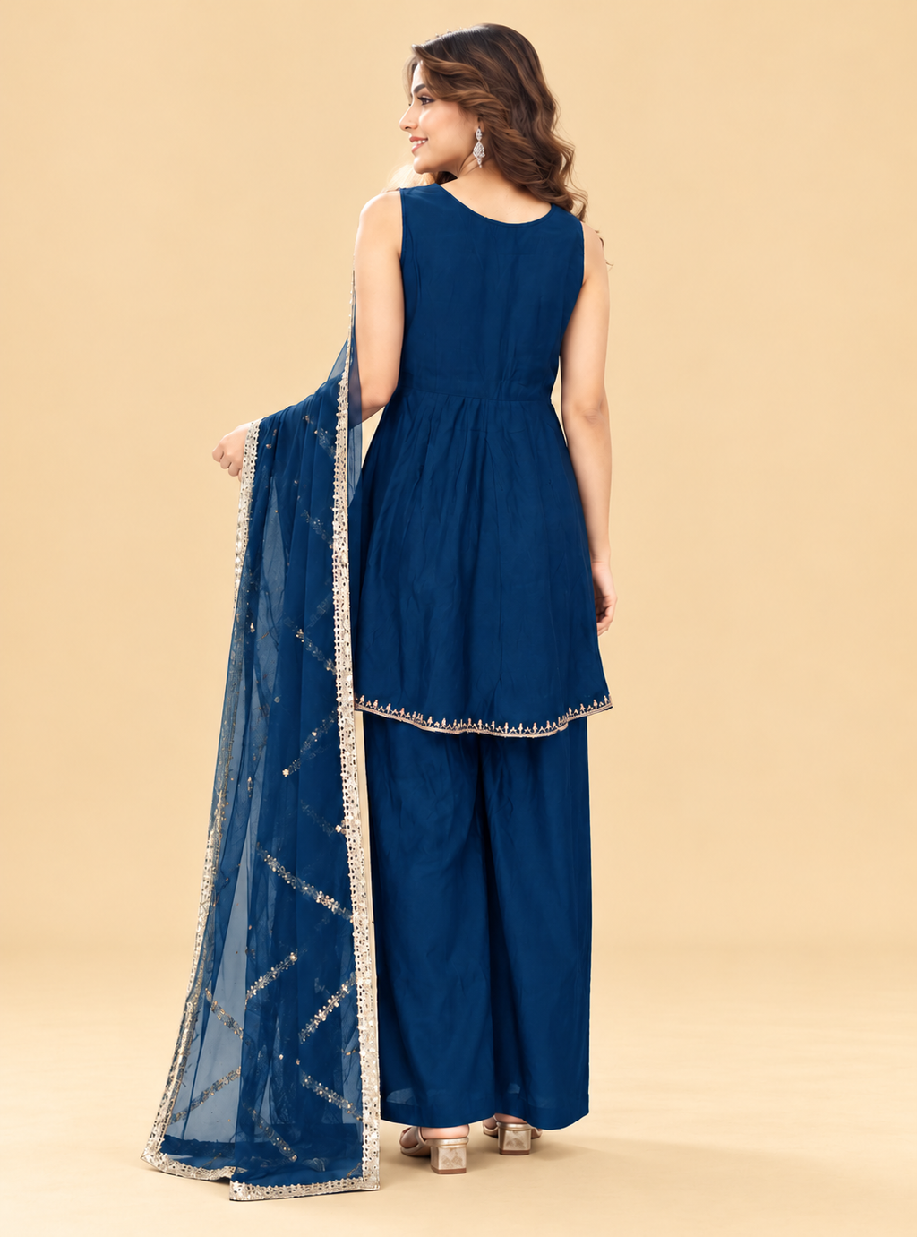Midnight Petal Navy Blue Silk Blend Short Kurta Garara Style Suit Set