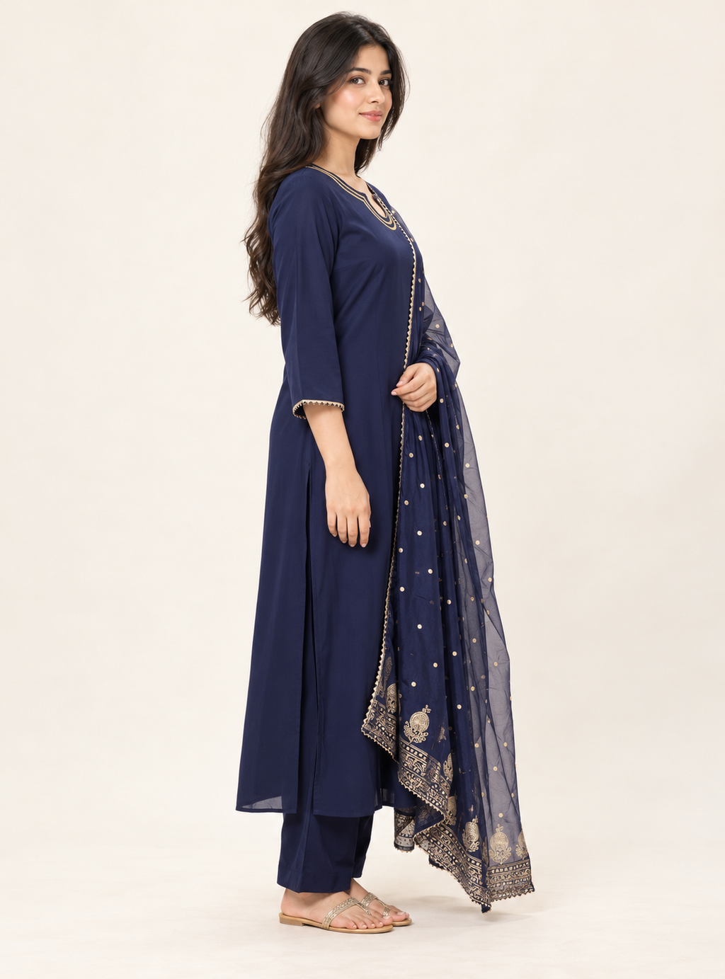 Blue Regency Royal Blue Silk Blend Straight Suit Set with Golden Lace Dupatta