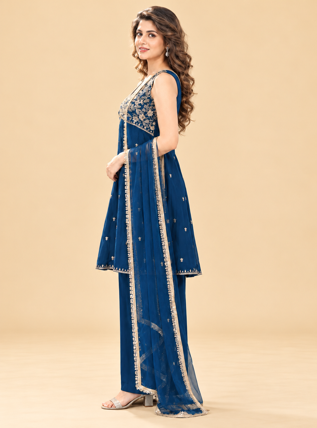 Midnight Petal Navy Blue Silk Blend Short Kurta Garara Style Suit Set