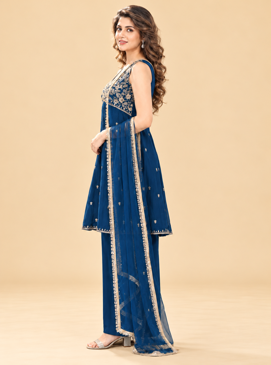 Midnight Petal Navy Blue Silk Blend Short Kurta Garara Style Suit Set