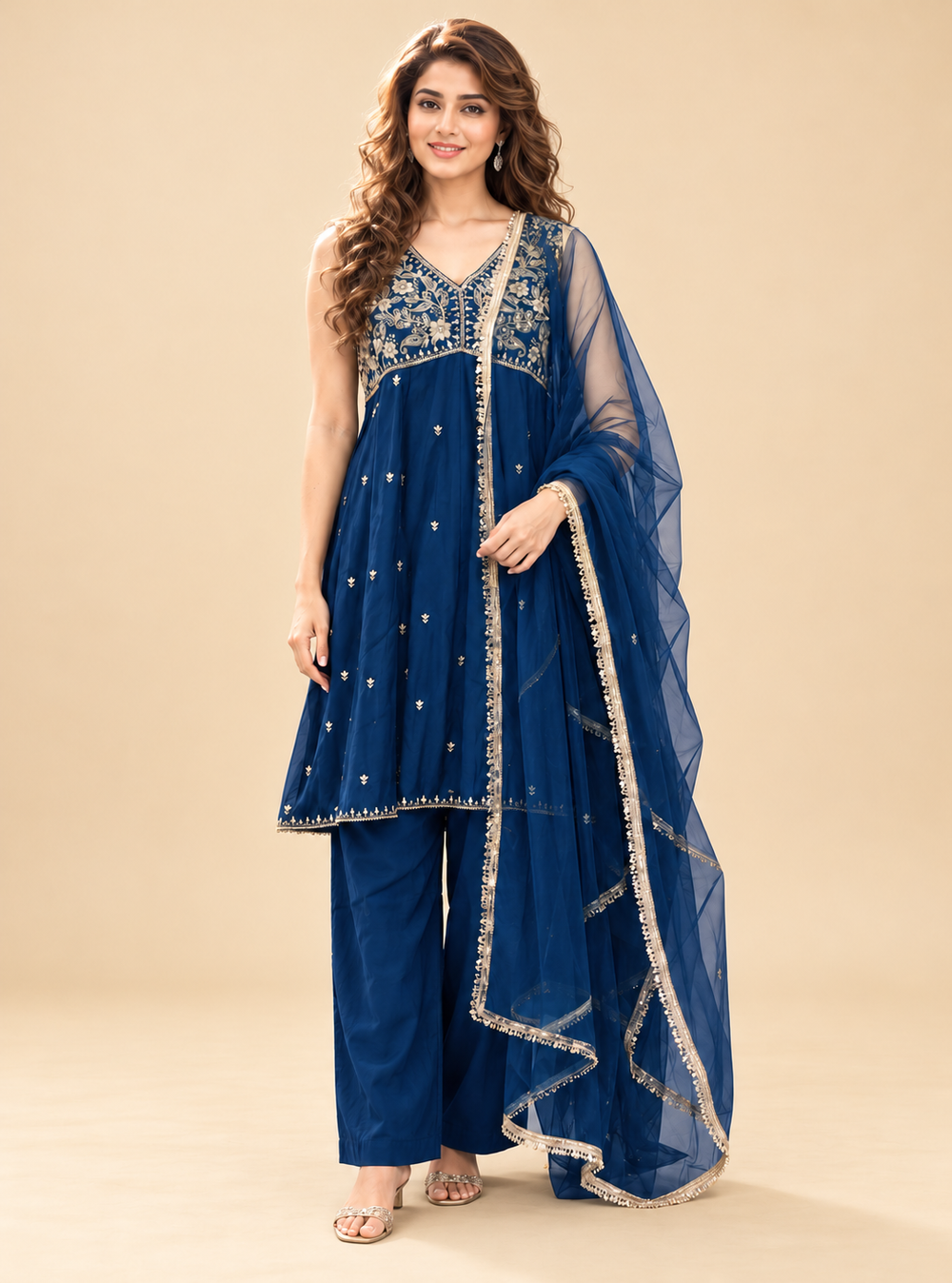 Midnight Petal Navy Blue Silk Blend Short Kurta Garara Style Suit Set
