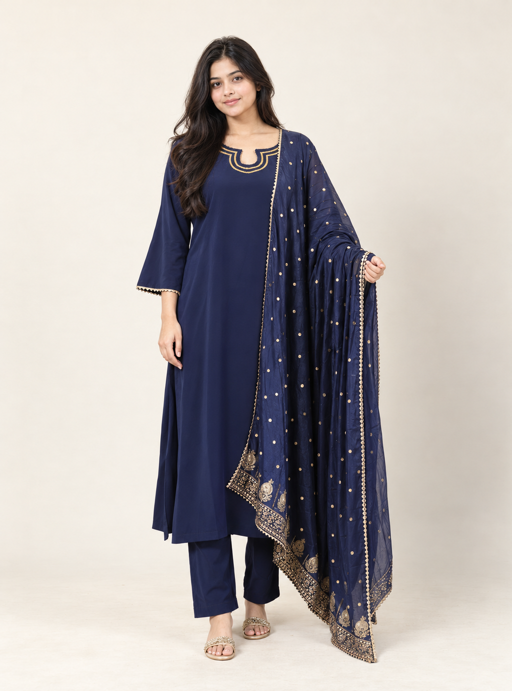 Blue Regency Royal Blue Silk Blend Straight Suit Set with Golden Lace Dupatta