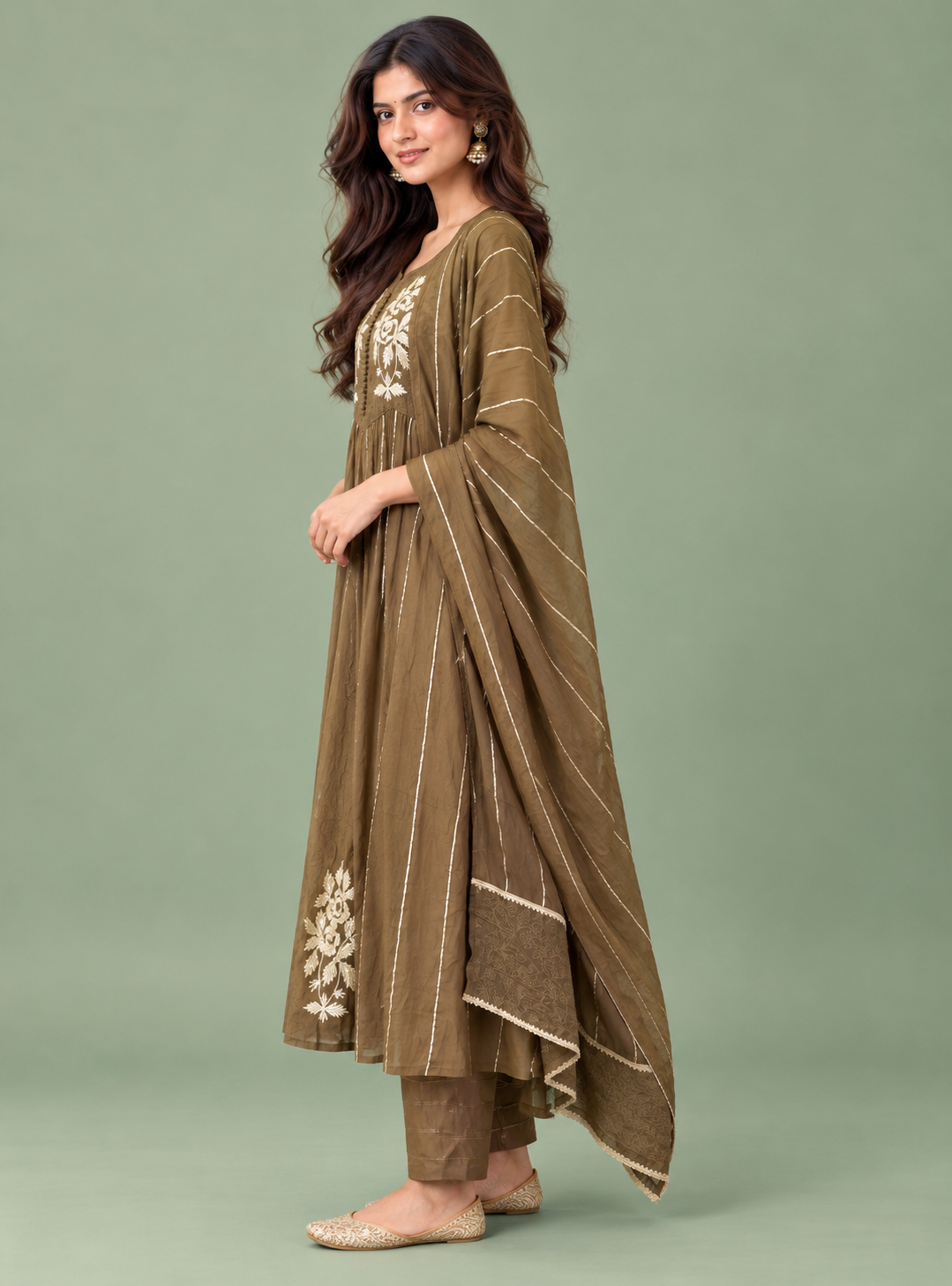 Mehndi Royale Mehandi Banarasi Mul Chanderi Dabka Gotapatti Anarkali Suit Set with Dupatta