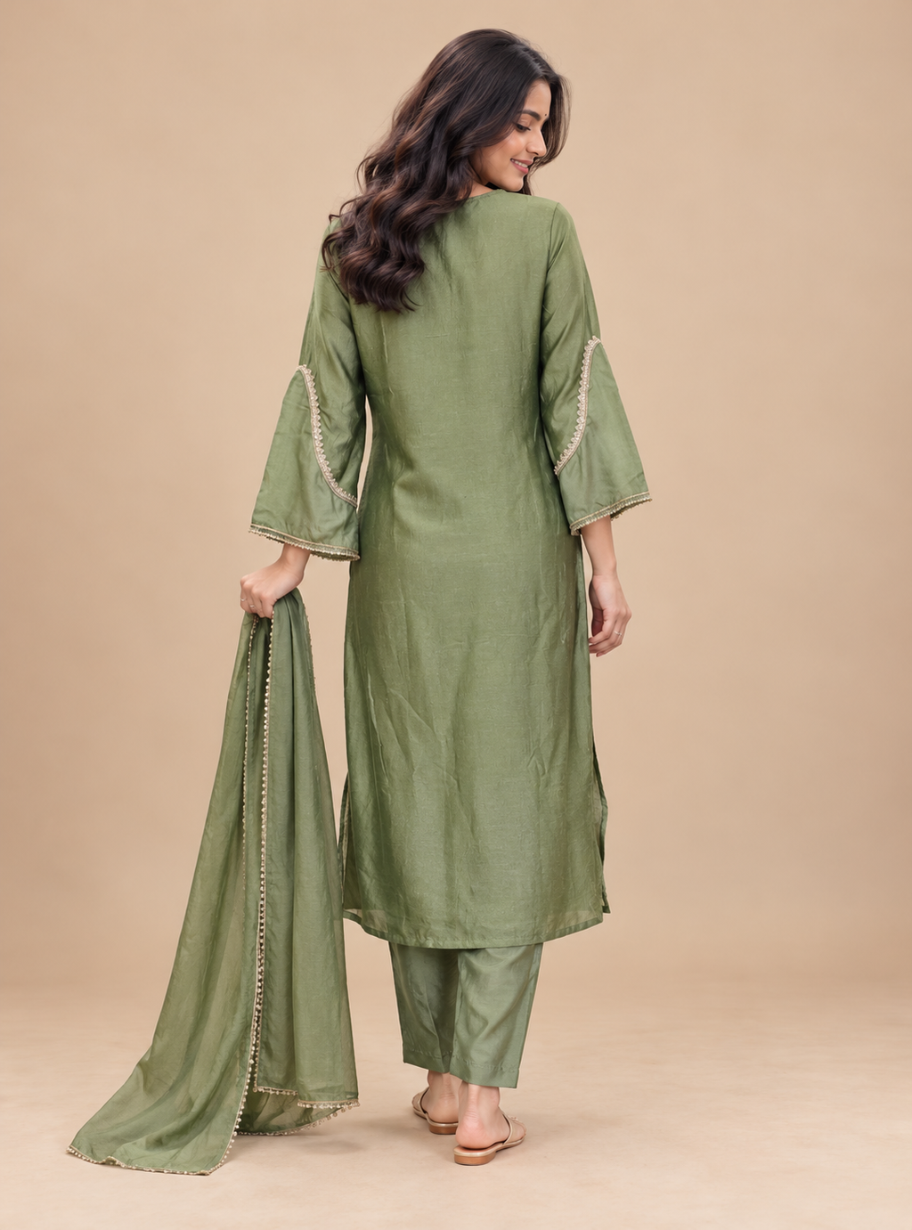 Celadon Radiance Pastel Green Raw Silk Zari Work A Line Suit Set