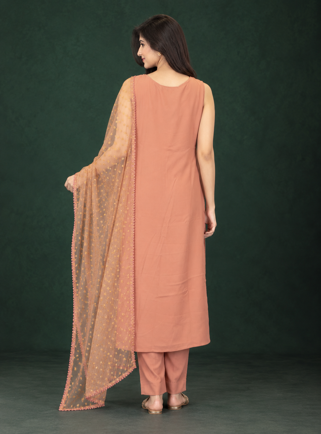 Peach Haze Peach Soft Rayon Sleeveless Straight Suit Set with Printed Organza Dupatta