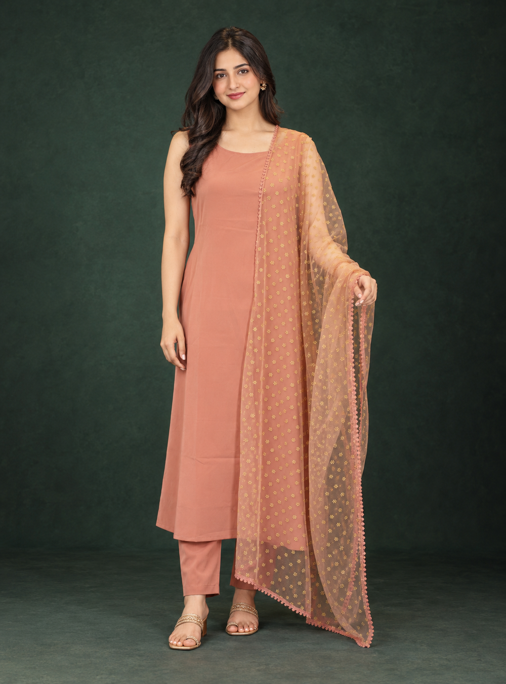 Peach Haze Peach Soft Rayon Sleeveless Straight Suit Set with Printed Organza Dupatta