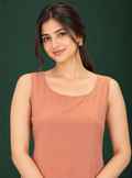 Peach Haze Peach Soft Rayon Sleeveless Straight Suit Set with Printed Organza Dupatta