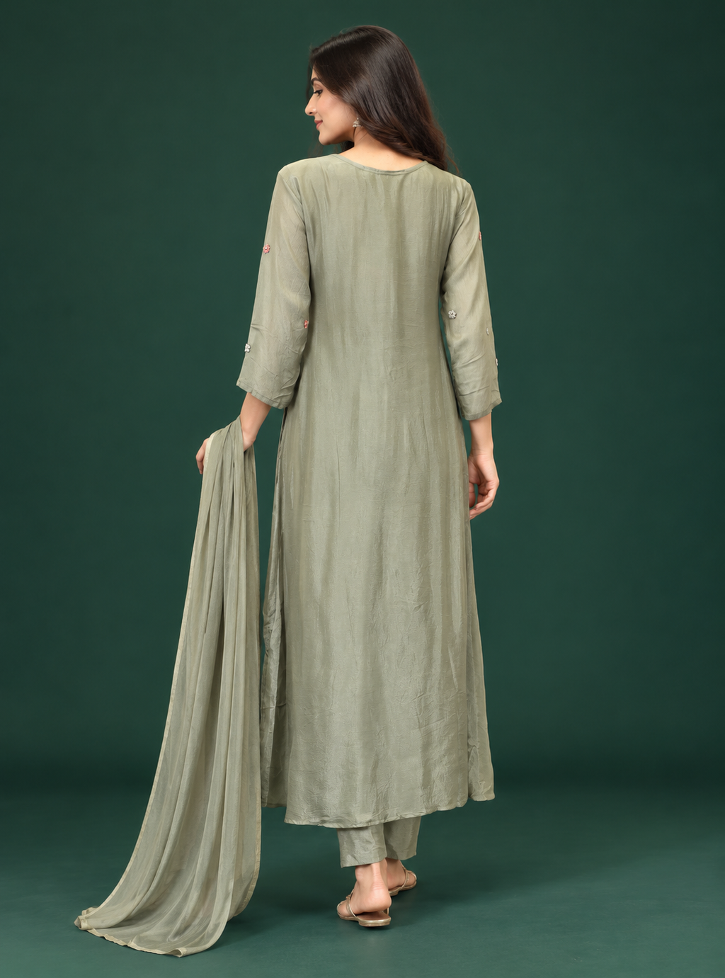 Mist Pearl Pista Grey Chinon A Line Handwork Suit Set with Pure Chinon Dupatta