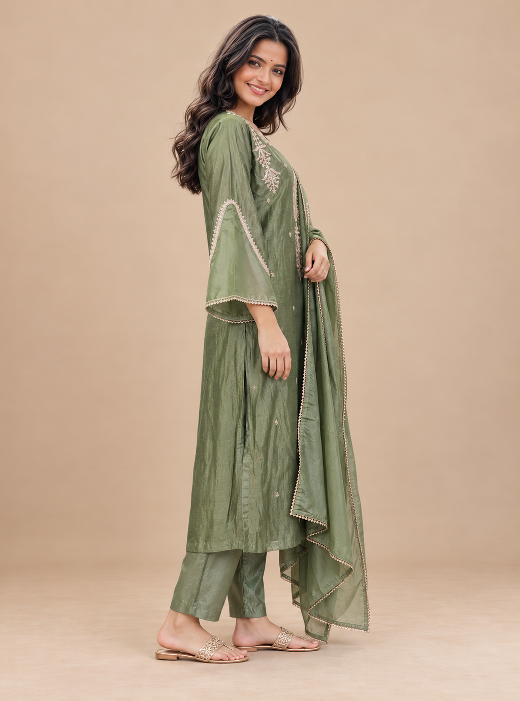 Celadon Radiance Pastel Green Raw Silk Zari Work A Line Suit Set