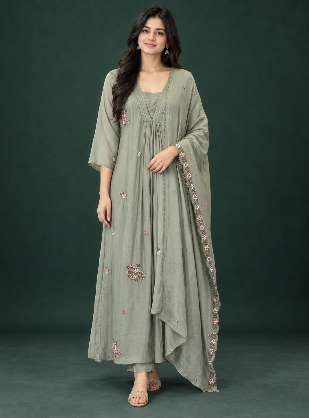 Mist Pearl Pista Grey Chinon A Line Handwork Suit Set with Pure Chinon Dupatta