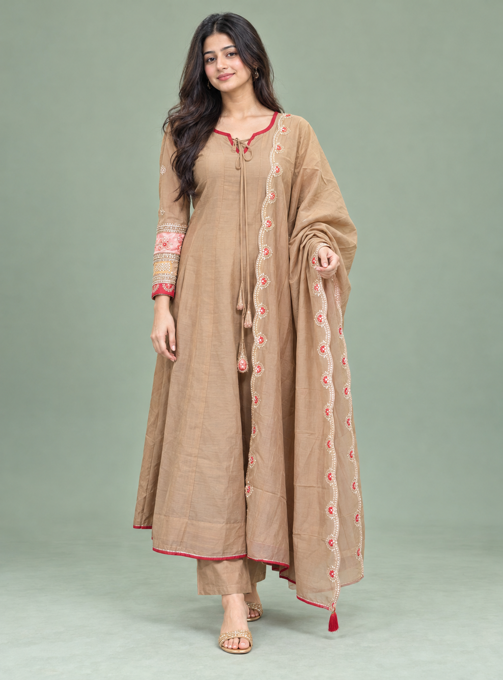 Champagne Petal Beige Banarasi Mul Chanderi Gota Kaddana Full Kali Anarkali Suit Set