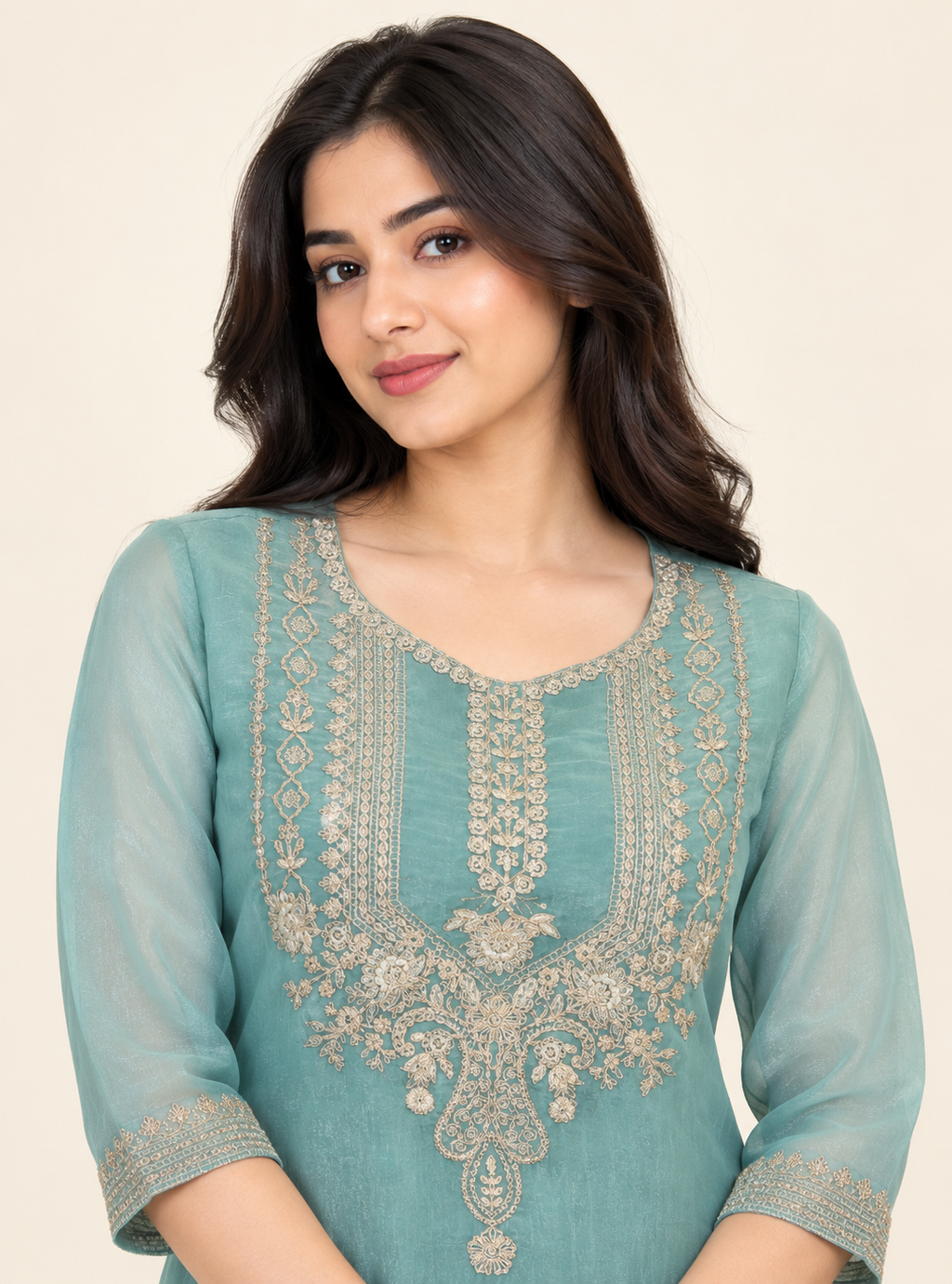Seafoam Gleam Sea Green Soft Tissue Zari Work A Line Suit Set with Plazo