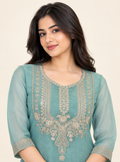 Seafoam Gleam Sea Green Soft Tissue Zari Work A Line Suit Set with Plazo