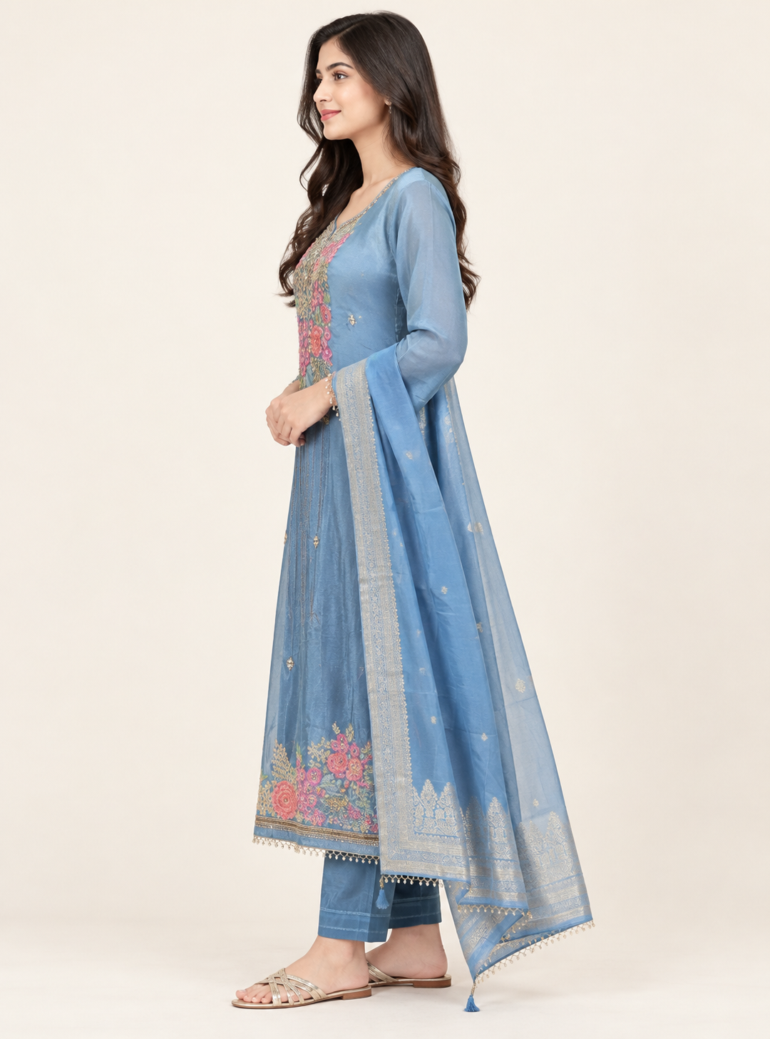 Skyfall Heritage Sky Blue Pure Banarasi Soft Tissue Silk Handwork Suit Set with Dupatta