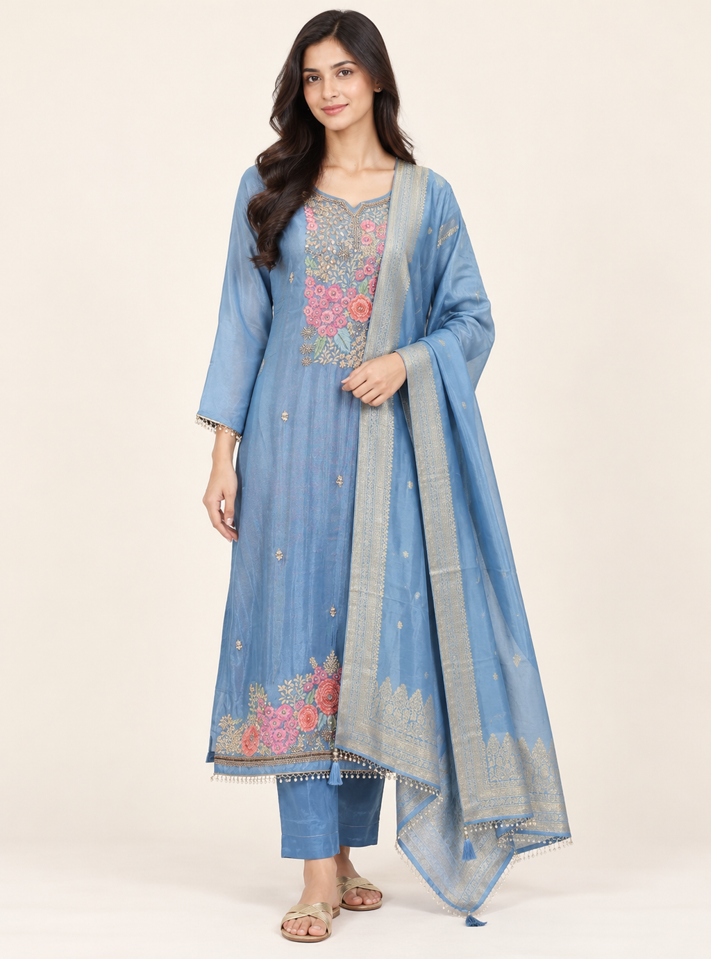 Skyfall Heritage Sky Blue Pure Banarasi Soft Tissue Silk Handwork Suit Set with Dupatta