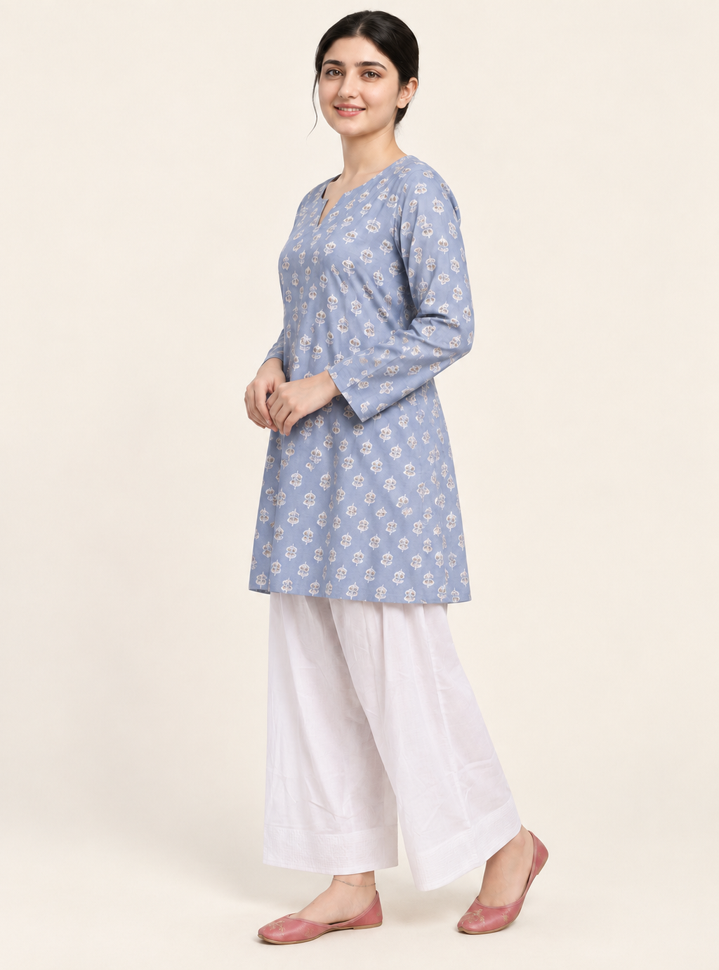 Moonlit Bloom Grey Printed Pure Cotton Anarkali Co-Ord Set
